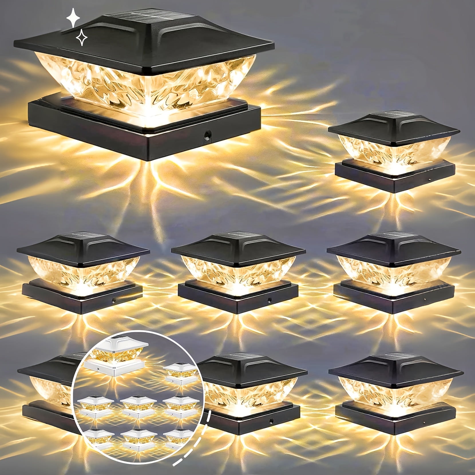 APZZLOXH Outdoor Solar Light - 8-Pack Installation - 12-Pack Installation 2 Types of Solar Fence Lights, Suitable for 4x44.5 X4.55x5 Wood and Vinyl Posts, Solar Deck Light Suitable for Front Porch Patio Decoration, Warm White and Cool White Light