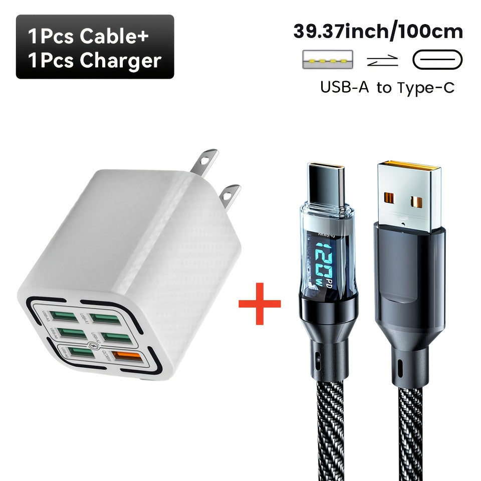 6 Ports USB Charger QC Fast Charging US Plug with 39.37inch USB to Type-C Cable, Fast Charger Power Adapter for iPhone 17, for Xiaomi, for Samsung Wall Charger- Ideal for Home And Travel, Multidevice Charging, Home Charging Station, Compact Design