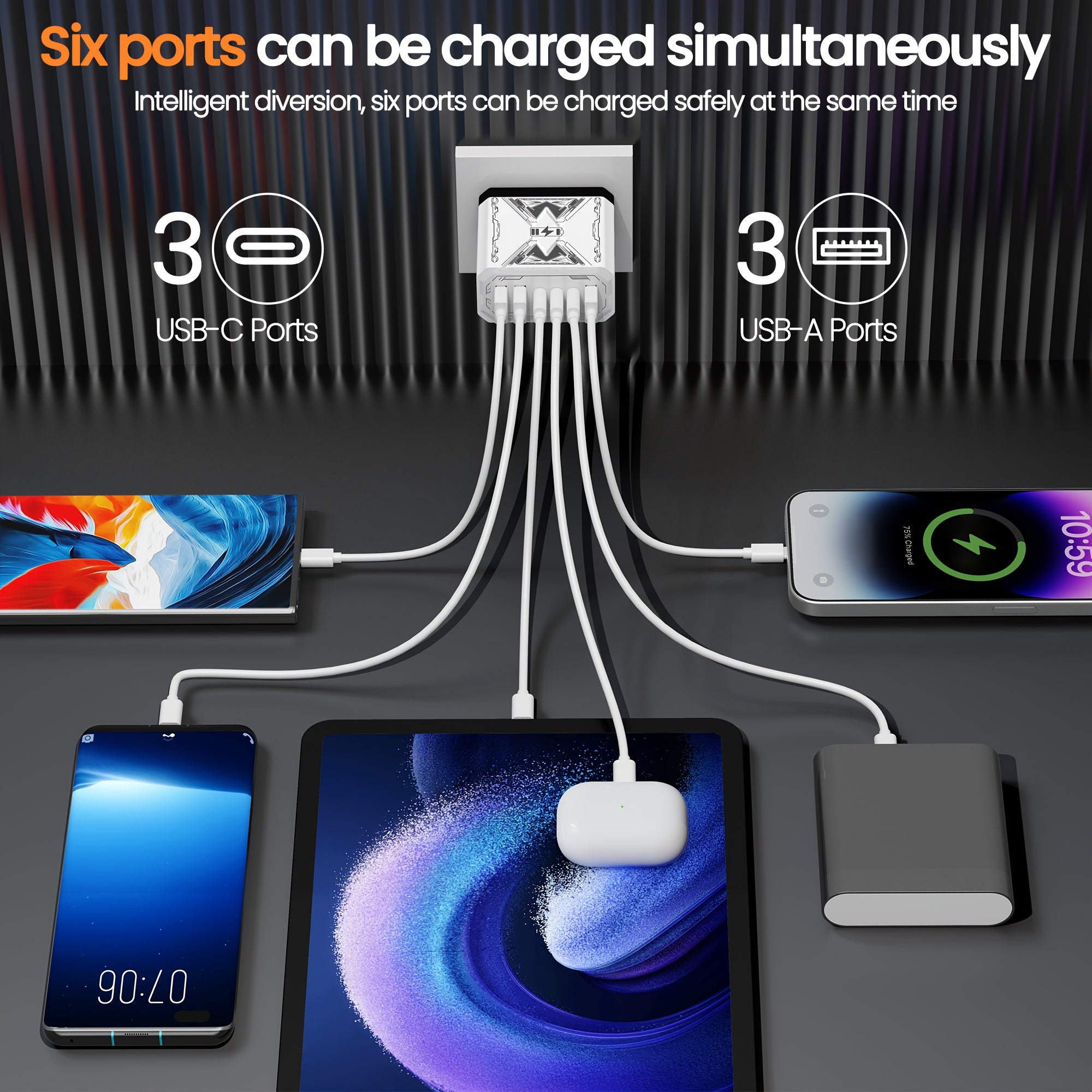 6-in-1 Fast Charger 3USB + 3Type-C Power Adapter with Indicator Light, QC3.0 Power Adapter Cube USB Wall Charger, for iPhone 17/ 16/ 15/ 13/ 13pro/ 12/ 12pro/ XR/ SE, Pro/ Mini/ Air---Perfect Christmas, Holiday, New Year Gift,  Travel Charger