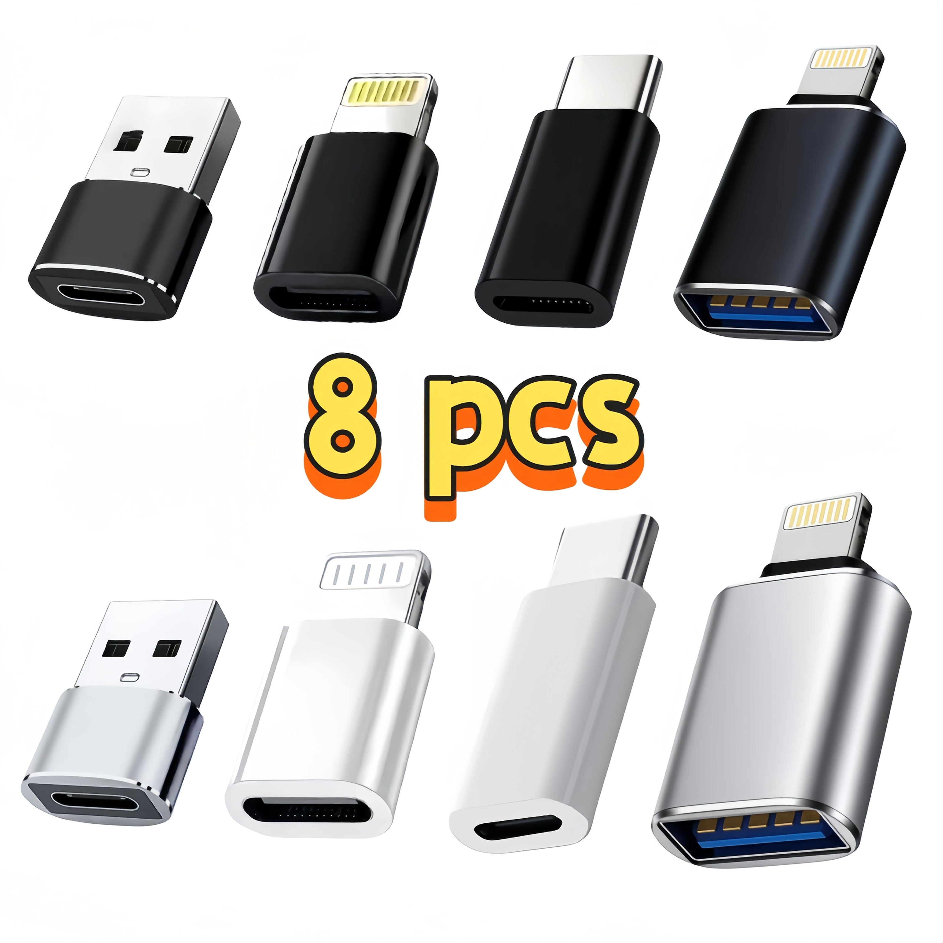 8pcs iPhone Charging Adapter Set with Lightning/Type-C/USB Ports for USB Flash Drive Data Transfer