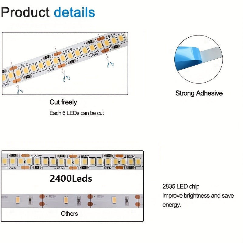 10米/32.8英尺 24V 2400灯珠 LED灯带 - 3000K暖白色 10毫米宽 LED灯带 适用于室内 轻松安装于天花板、地板、婚礼、派对、零售店、酒店（不含电源）