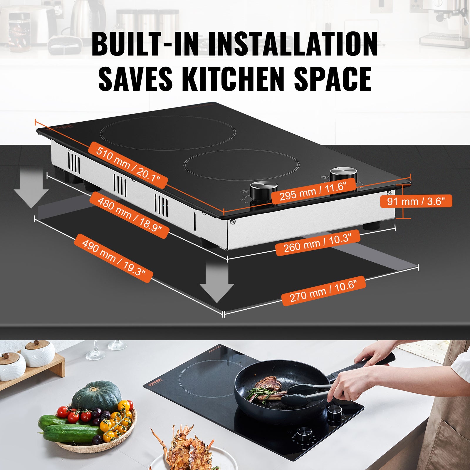 VEVOR Built-In Induction Cooktop Radiant Ceramic Stove 2 Burners 20.1 x 11.6 Inches