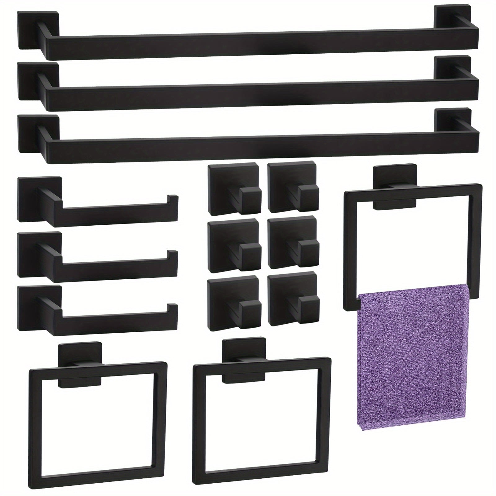 2/5/10/15-Piece Black SUS304 Wall Mount Bathroom Towel Rack &amp; Accessory Set - Includes 16" Towel Bar, Towel Ring, Tissue Holder &amp; Hooks, for Bath/Hand Towels, Matte Black Bathroom Hardware Set, Toilet Paper Holder, Towel Rack