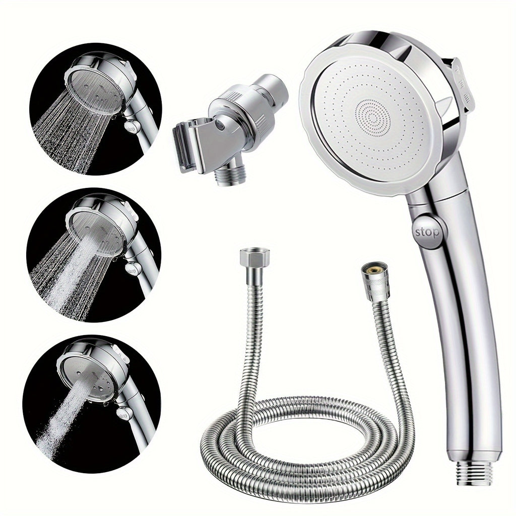 High Pressure Handheld Shower Head Set with Pause Function - 3 Spray Modes, Adjustable Angle Holder & Hose, Detachable, Perfect Bathroom Accessory - Polished Finish