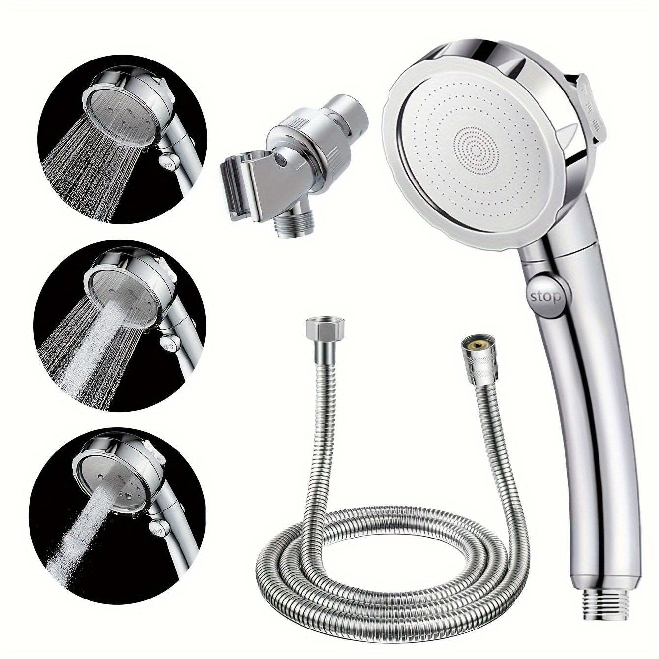 High Pressure Handheld Shower Head Set with Pause Function - 3 Spray Modes, Adjustable Angle Holder & Hose, Detachable, Perfect Bathroom Accessory - Polished Finish