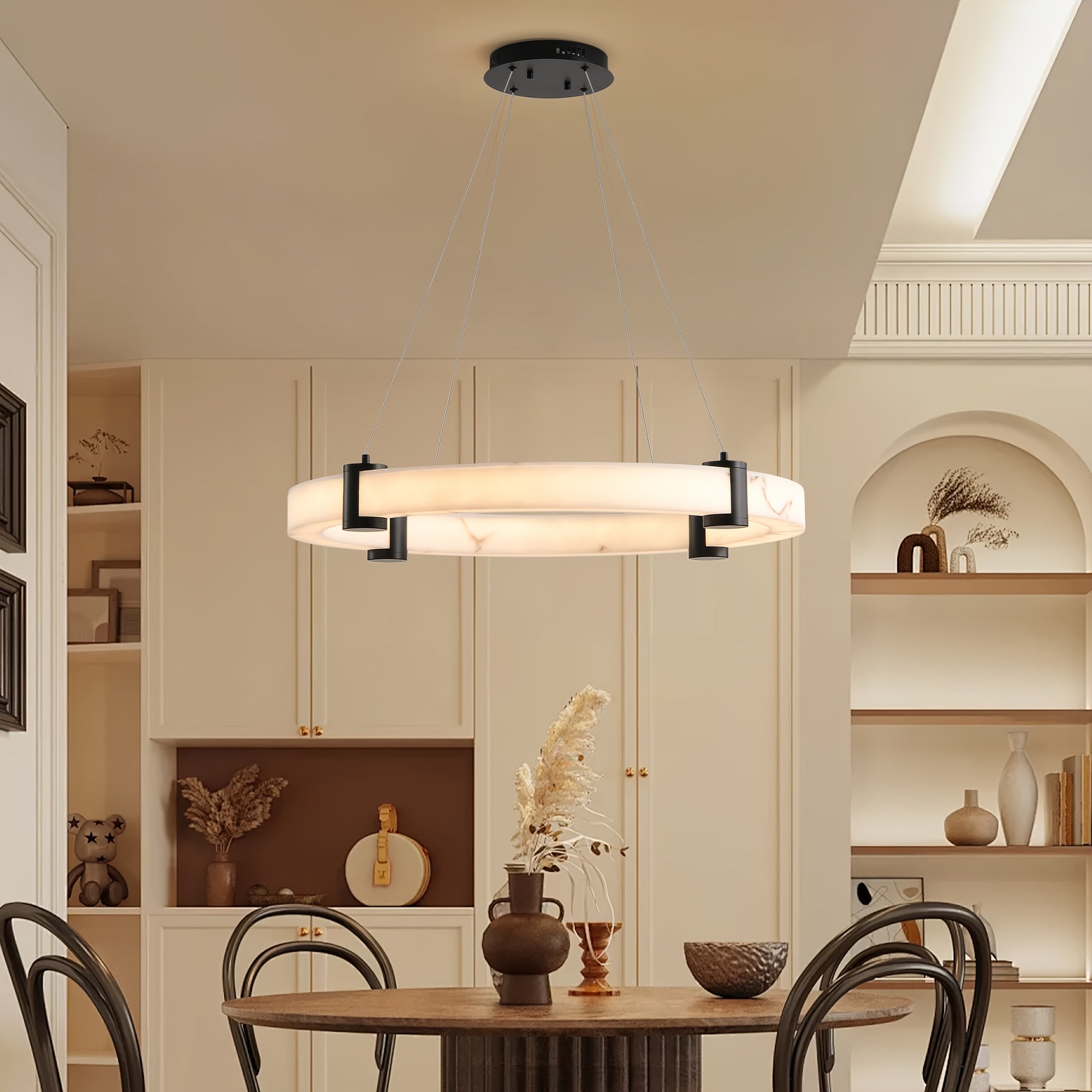 23.6-inch modern LED pendant light, round height-adjustable pendant light, warm light, faux marble finish resin ring ceiling light, suitable for dining room, kitchen island, living room