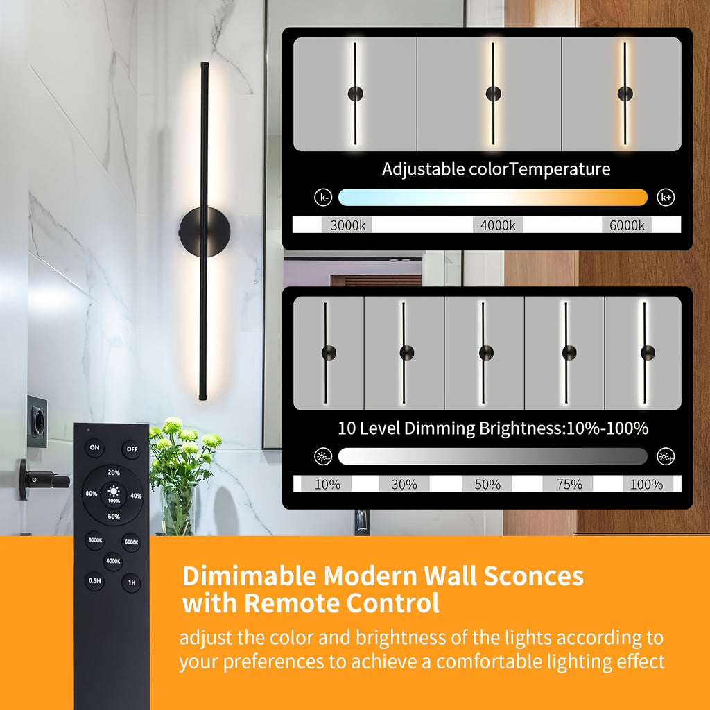Black Gold Battery Operated Wall Light, Single or Double Piece Optional, with Remote Control, Touch and Timer Functions, Adjustable Brightness, Size 28.3 Inches, Suitable for Living Room, Bedroom, Hallway, Hotel and Home Decoration
