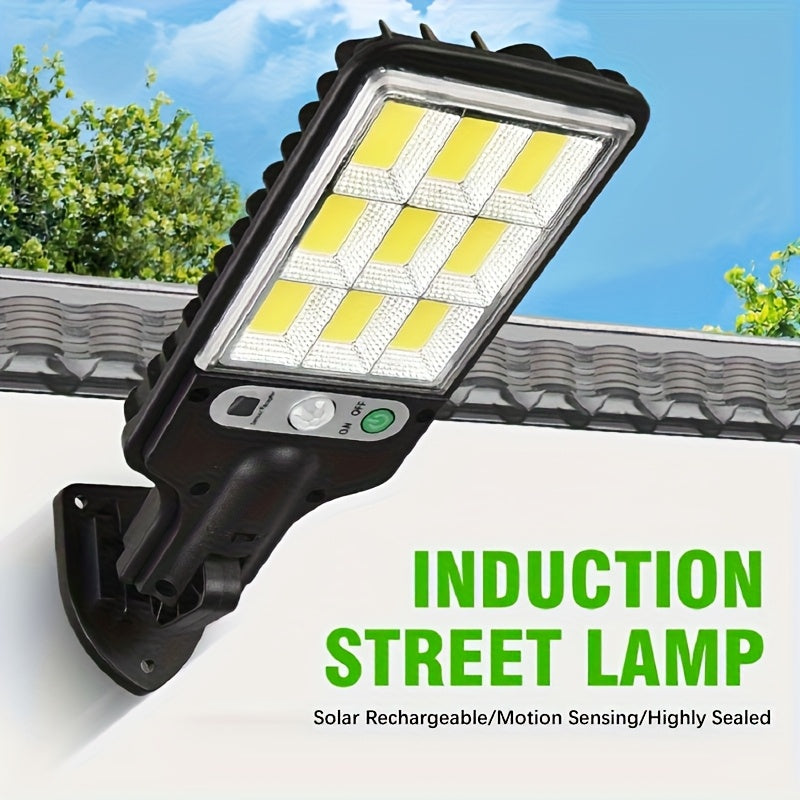 1 Smart Motion Activated Solar Light, Perfect for Commercial Streets and Areas, High Brightness LED Solar Wall Lighting, Rechargeable COB Street Light, with Three Outdoor Decorative Lighting Modes for Deck Security Purposes