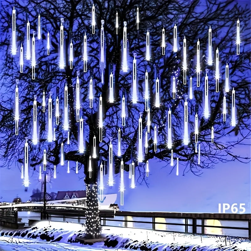 1 piece 30cm/11.81inch or 45cm/17.72inch solar meteor tube light outdoor, automatic on/off, smart light sensor, 192LED/288LED 8-tube hanging solar fairy light, IP65 high quality, suitable for garden, wedding, Christmas, Halloween, party