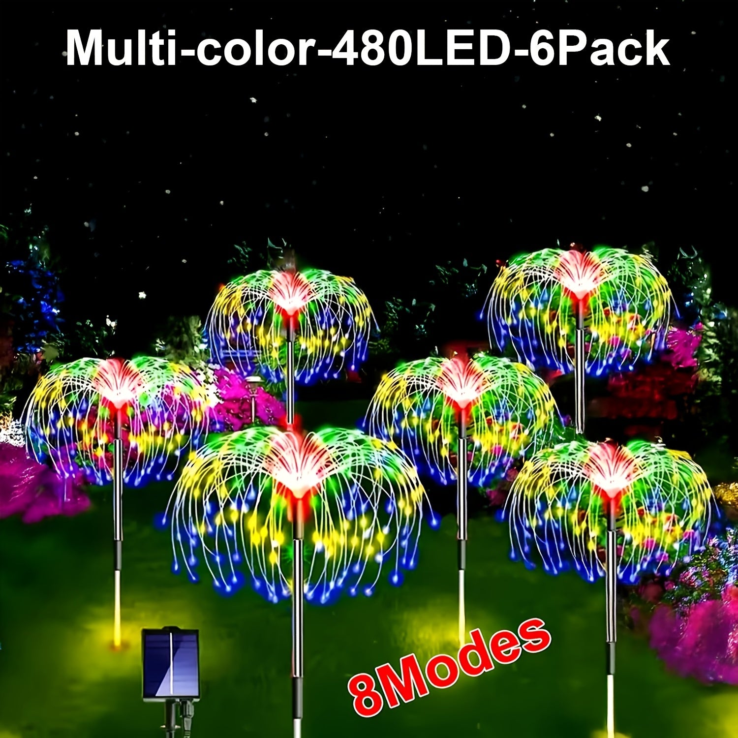 6包装-480LED，4包装320/240LED，1包装-90LED户外太阳能烟花灯，户外草坪灯，灯条，太阳能花园灯，IP44，8种模式，适用于庭院、露台、小路、露营景观、婚礼派对、复活节花园、情人节礼物