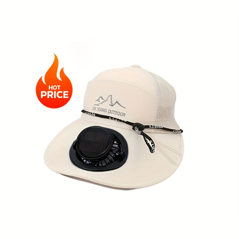 Wide Brim Solar Fan Sun Hat, Outdoor Leisure Hiking Hat, Adjustable Head Circumference Fits All Sizes. Built-in solar panel converts sunlight into electricity to drive the internal fan for continuous airflow