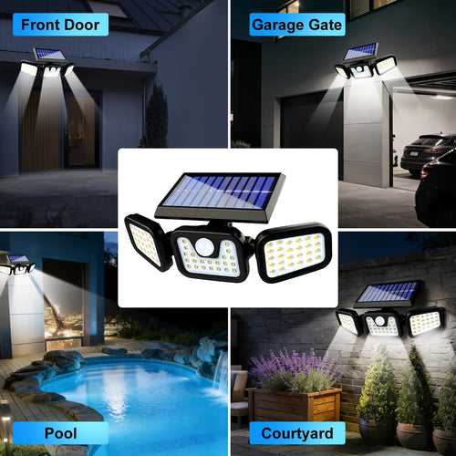 (1/2 Pack) Solar Outdoor 3-Head Motion Sensor Wall Light, Solar Fence Light, [74 LEDs / 3 Modes] 270° Wide Angle Illumination, IP65 Waterproof Outdoor Light, Perfect for Garden, Courtyard, Street, Garage, Patio and Porch Lighting.