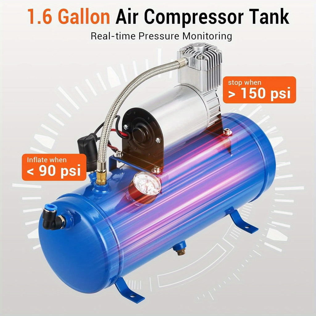 4-Horn Steel Train Horn Kit, 12V 135dB Truck Air Horn Kit with 1.6 Gallon Air Tank & 150 PSI Air Compressor, All-Weather Year-Round Use, Fits Pickup Trucks, Cars, Motorcycles, Semi-Trucks, Jeeps, RVs, SUVs, Vans, Boats, Blue