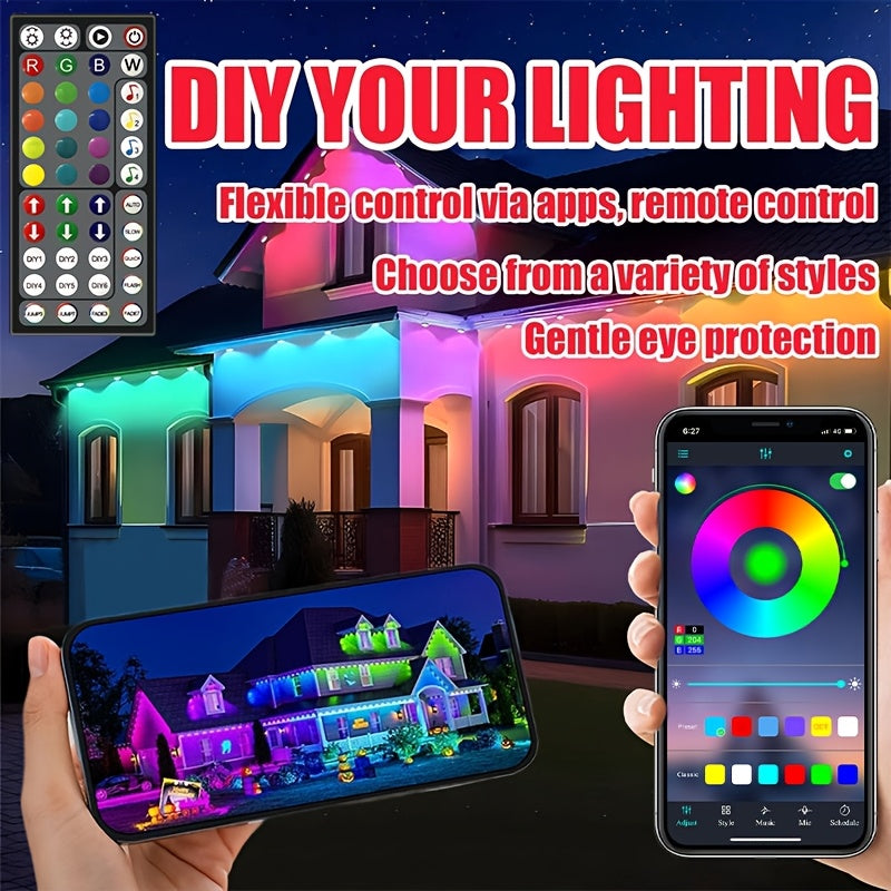 200Ft 永久型 RGB 屋檐灯，具备App控制、遥控器、场景模式，专为户外装饰设计，适用于花园、派对和节日