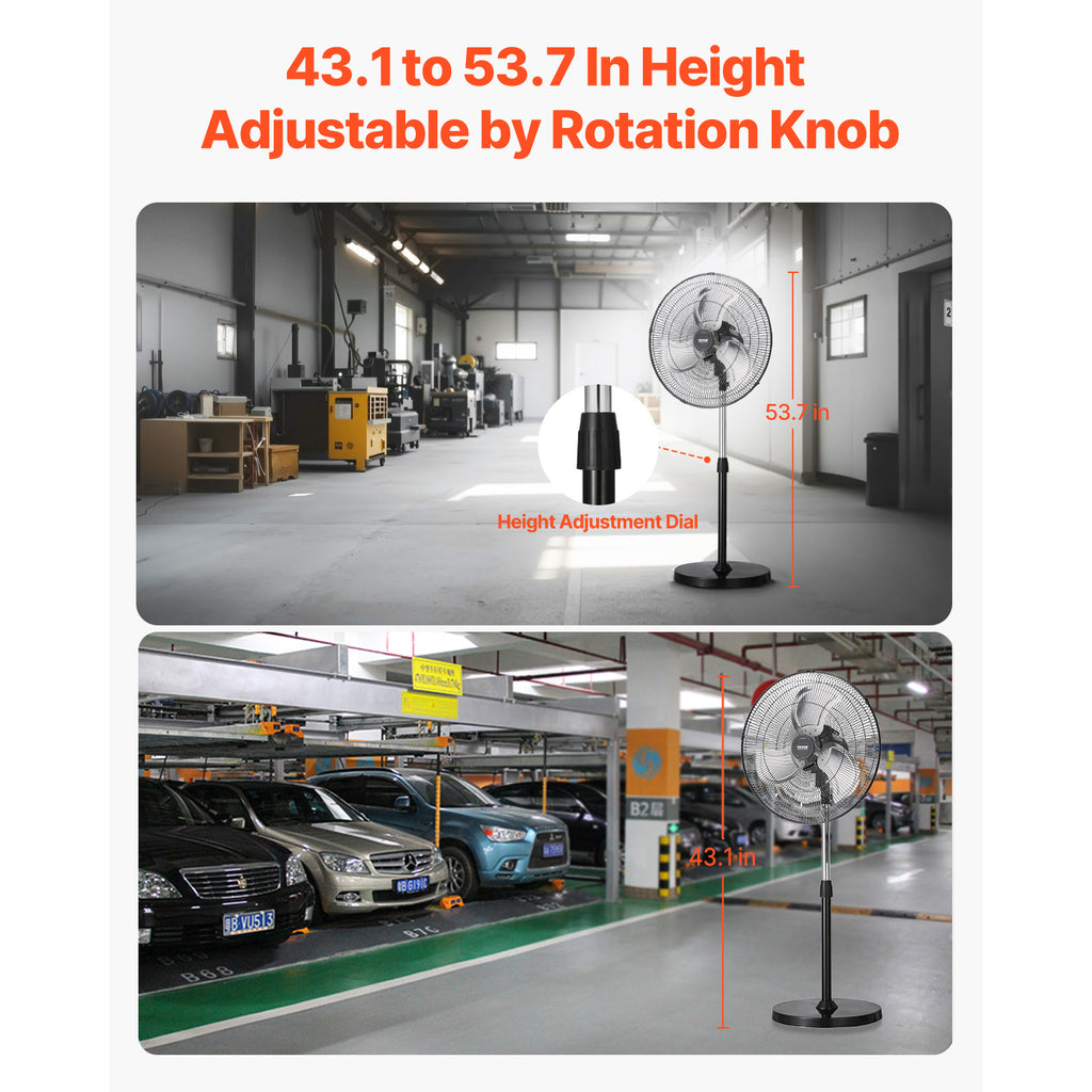 VEVOR 20 Inch Industrial Pedestal Fan, 3-Speed Oscillating Fan with Adjustable Height, 18/20/30 Inch Optional