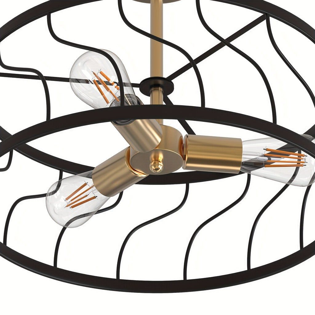 Modern 3-Light Black and Gold Semi-Flush Mount Ceiling Fixture with Drum Cage Design - Elegant Metal Lighting for Kitchen, Hallway, Bedroom or Living Room, E26 Base (Bulb Not Included), Living Room Decor | Modern Ceiling Light | Durable Metal