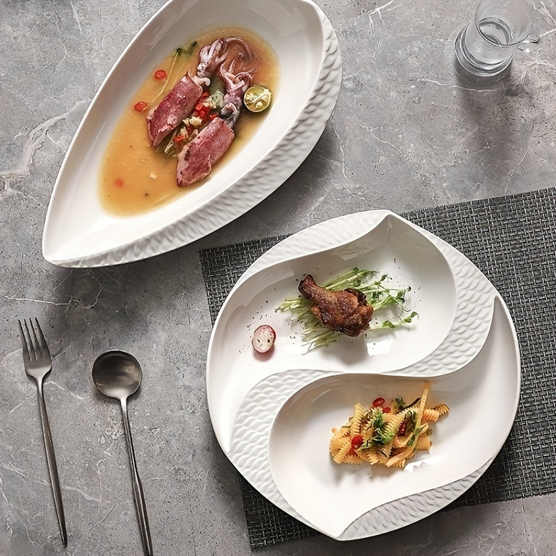 10.5 Inch / 12 Inch, Large Creative Divided Ceramic Plate, Perfect for Restaurant & Home Use, Exquisite Kitchenware & Tableware, Western Dinner Plate, Artistic Concept Dish Tableware