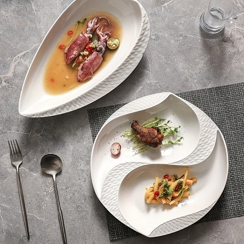 10.5 Inch / 12 Inch, Large Creative Divided Ceramic Plate, Perfect for Restaurant & Home Use, Exquisite Kitchenware & Tableware, Western Dinner Plate, Artistic Concept Dish Tableware