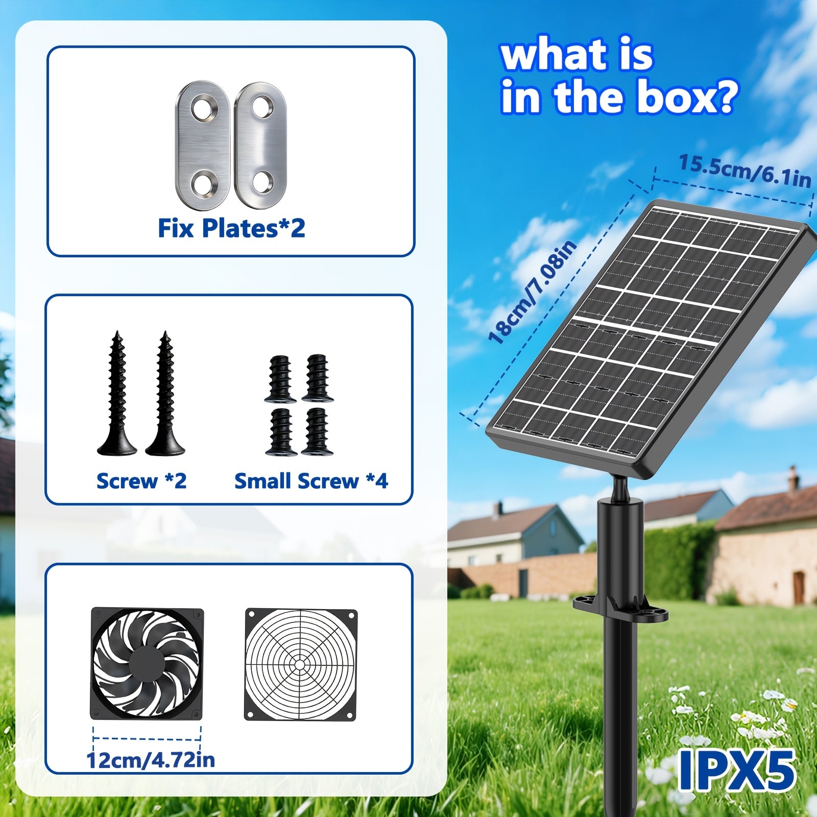 Solar Ventilation Cooling Fan, Exhaust or Air Intake Mode, Suitable for Outdoor Shed, Chicken Coop and Greenhouse, Comes with Installation Kit, IPX5 Waterproof, 7W/10W