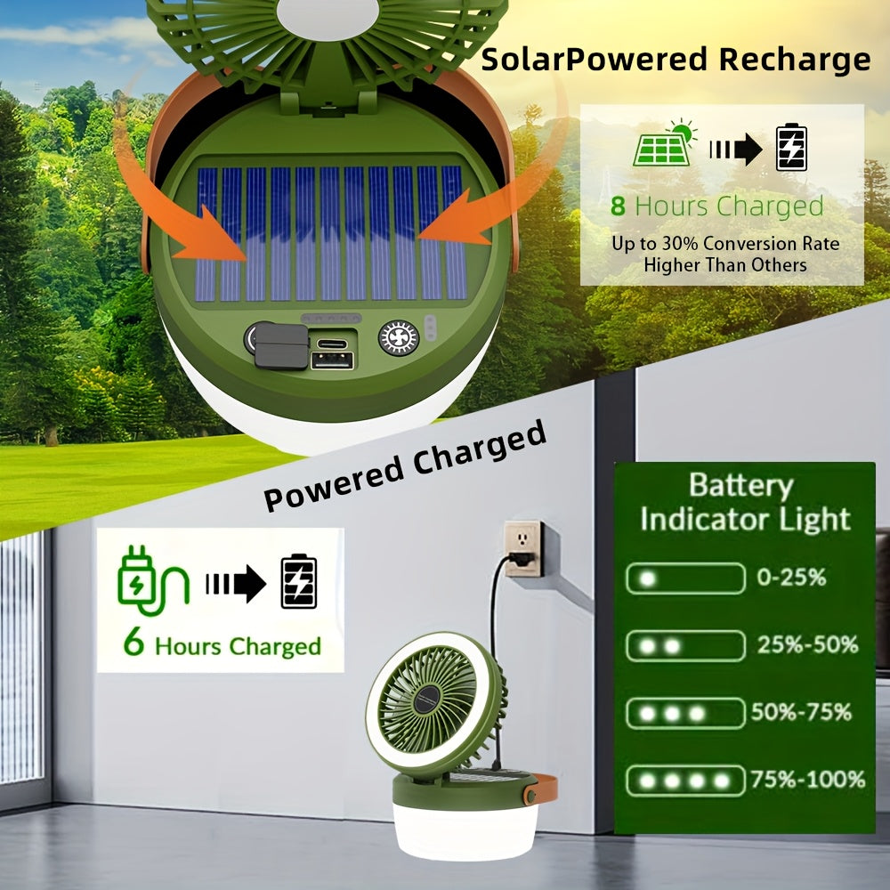 1pc Solar Camping Fan with Light | 2-in-1 Multifunctional Fan, Hanging Tent Light & Portable Fan | USB & Solar Rechargeable | Quiet Wind & Adjustable Angle | Coated Surface