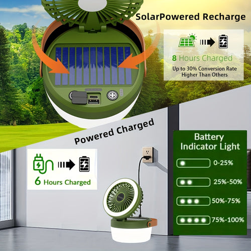1pc Solar Camping Fan with Light | 2-in-1 Multifunctional Fan, Hanging Tent Light & Portable Fan | USB & Solar Rechargeable | Quiet Wind & Adjustable Angle | Coated Surface
