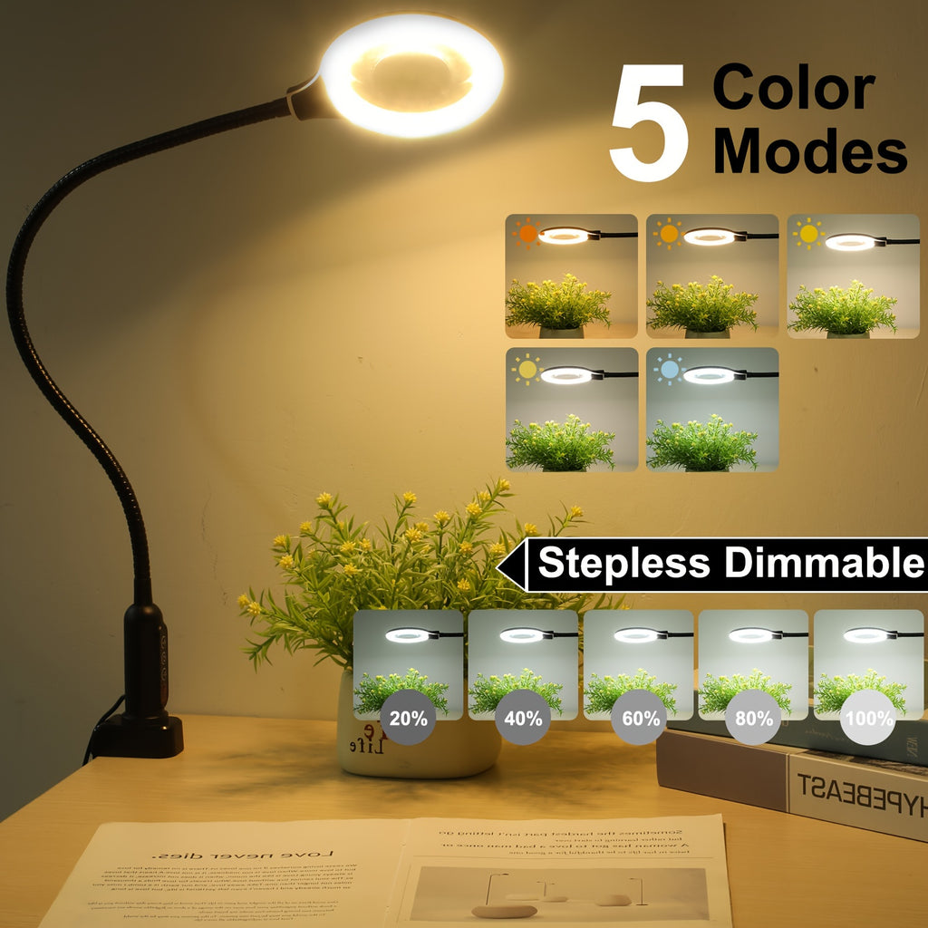 16-inch gooseneck arm, 10x magnifier lamp, adjustable swivel device with clamp, 5 light colors stepless dimming, 2-in-1 hands-free LED desk lamp, suitable for close-up work, office and other places