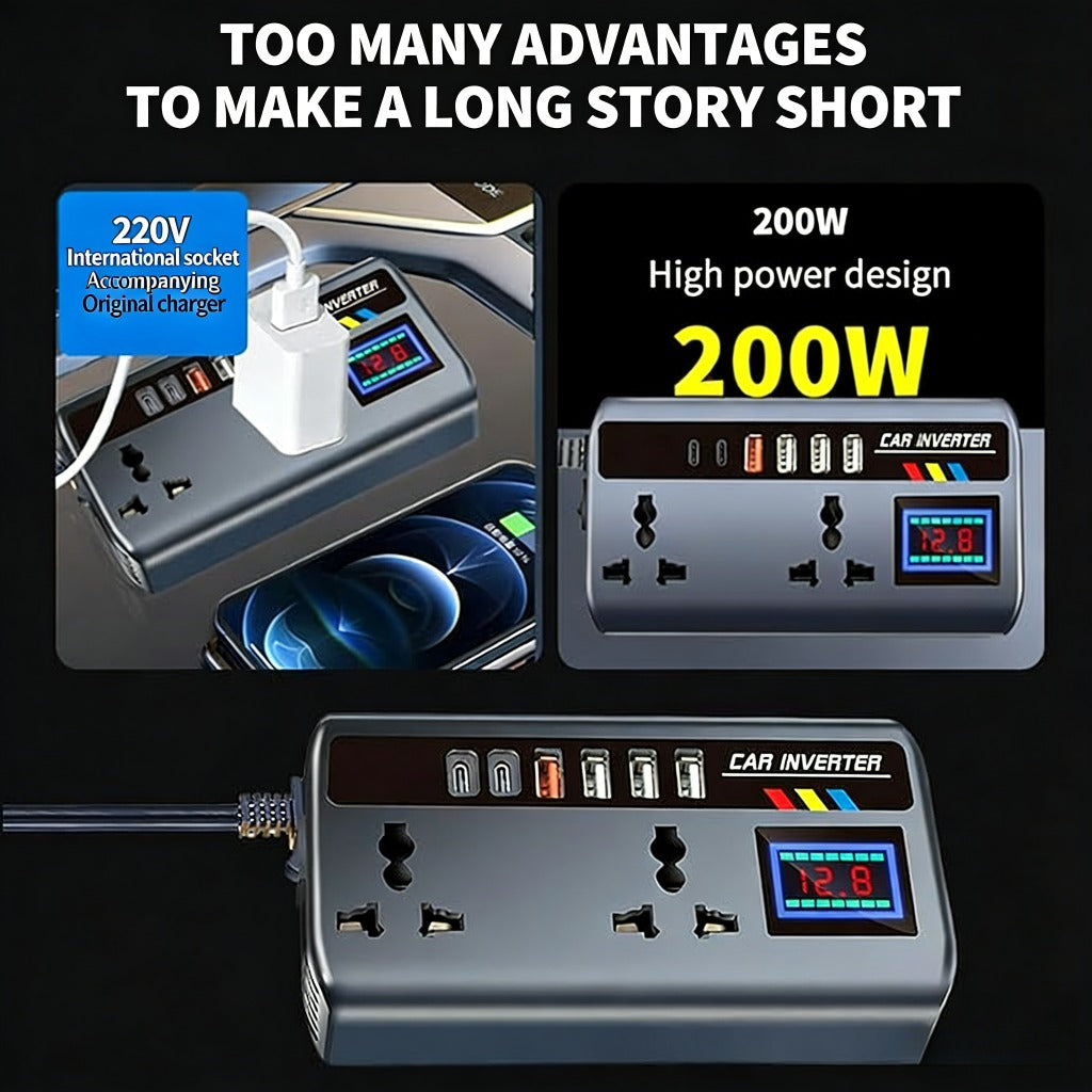 200W车载逆变器，直流12V/24V转交流110V/220V汽车电源转换器，配备4个USB接口+2个Type-C接口、2个通用输出插座，带智能显示屏，是轿车、房车及卡车的必备品