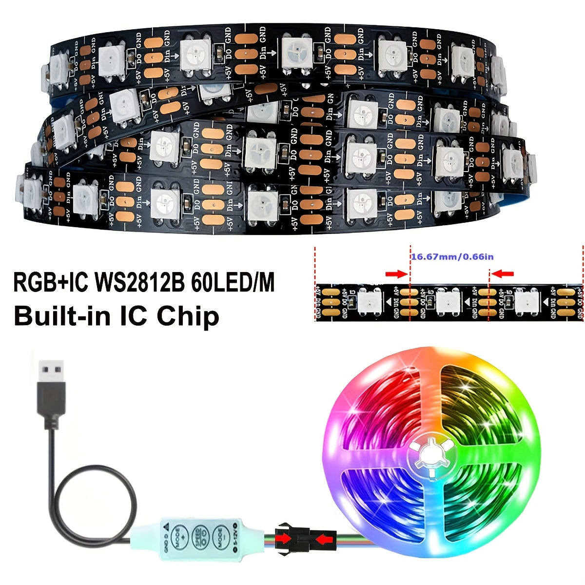 AOEVK 16.4Ft 智慧型 LED 燈條 5050 RGB+IC，具追蹤效果 - WS2812B 可獨立識別，USB 5V 每公尺 60 LED，電視背光燈 (適用於 50-85 吋螢幕)，適用於居家和牆面裝飾、萬聖節、聖誕節