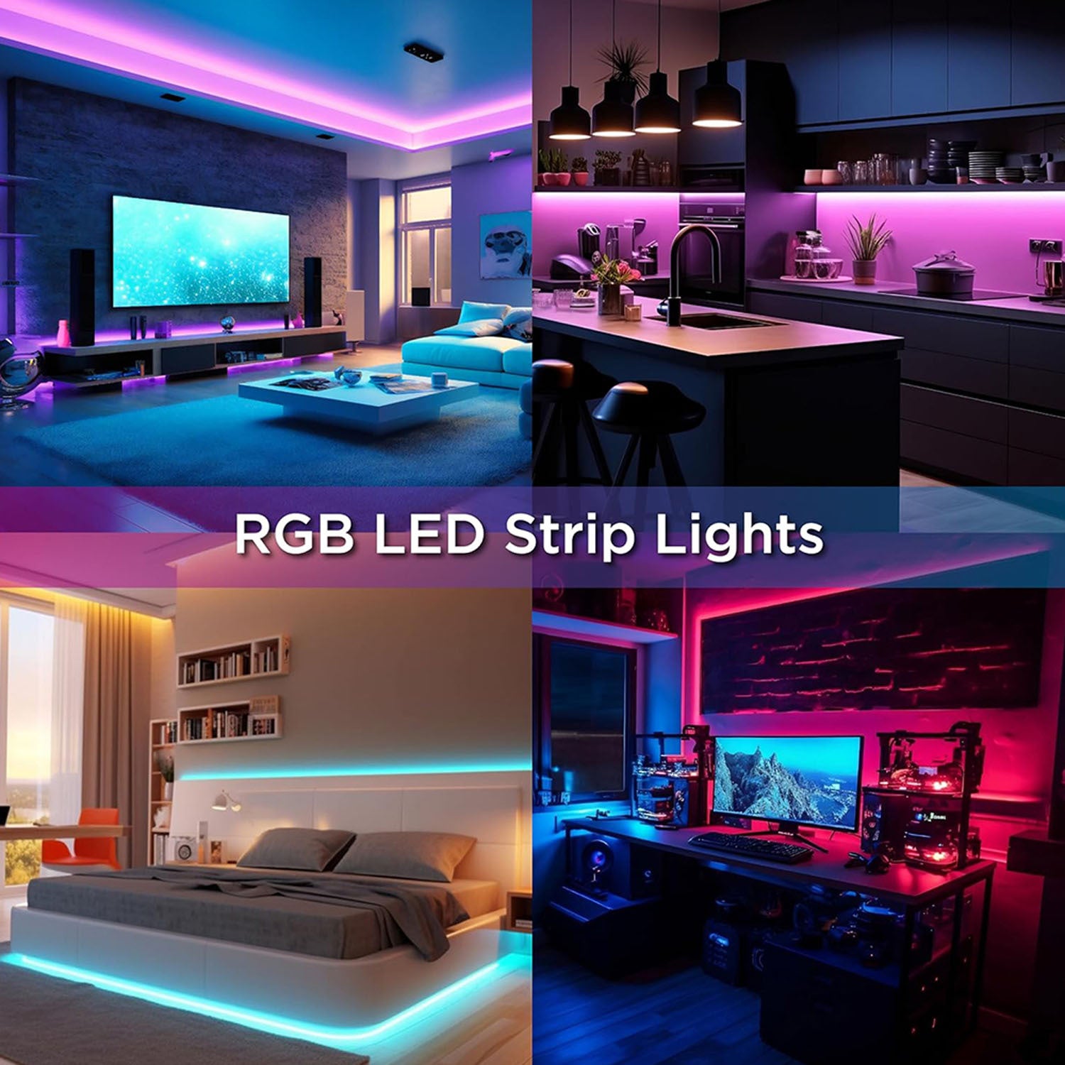 USB RGB LED灯带，配备三键遥控器，3535变色柔性灯带，可调亮度与多种模式，可裁剪式橱柜下照明灯，适用于客厅、舞蹈室及节日装饰