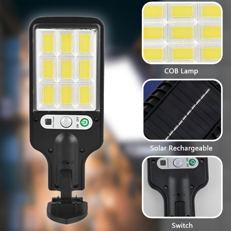 1 Smart Motion Activated Solar Light, Perfect for Commercial Streets and Areas, High Brightness LED Solar Wall Lighting, Rechargeable COB Street Light, with Three Outdoor Decorative Lighting Modes for Deck Security Purposes