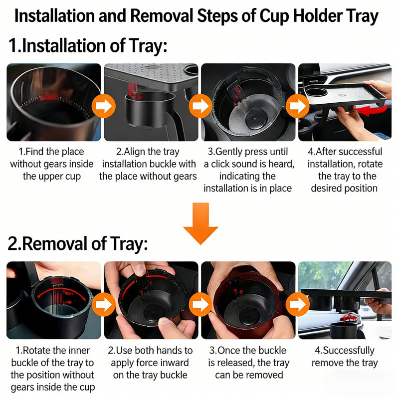 3-in-1 Car Cup Holder Expandable Tray, Detachable 360° Swivel Adjustable Base, 40lbs Load Capacity, Non-Slip Rubber Pad, No Direct Contact with Food, Dual Cup Holders, Perfect for Daily Commute / Long-Distance Driving / In-Car Dining