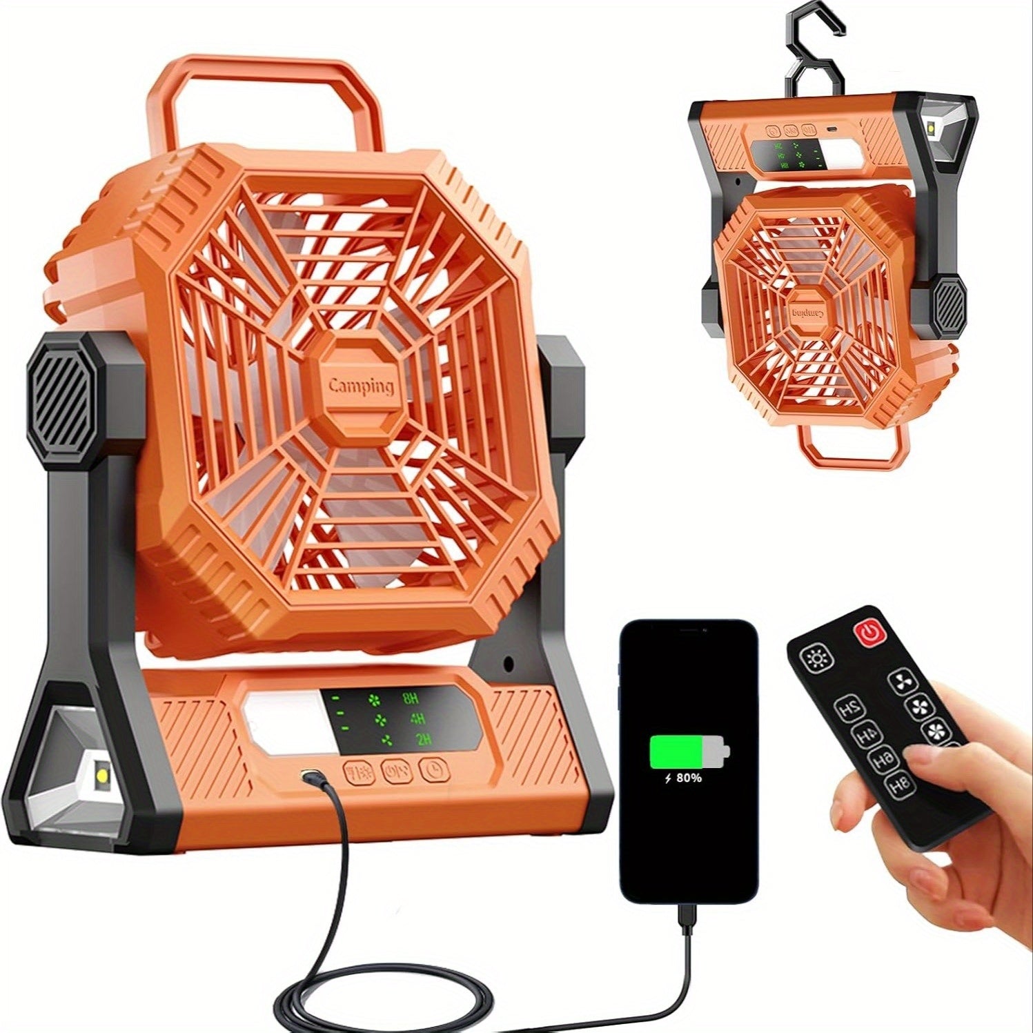 Industrial-Grade Portable Camping Fan, 10000mAh Tent Camping Fan, Auto Oscillating Cordless, Tent Fan with Remote Control/Light, 3 Speed Levels, 3 Timer Settings, with LED Light, 30H Runtime, USB-C Fast Charging