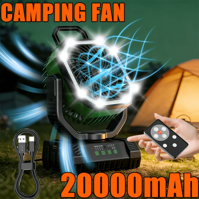 Outdoor Fan, Portable Rechargeable Fan 20000mAh Battery Powered Camping Fan - Cooling, Battery Powered Desktop Fan with 4 Speeds, Bright Light & Hook, Portable for Tent Outdoor Hurricane Power Outage