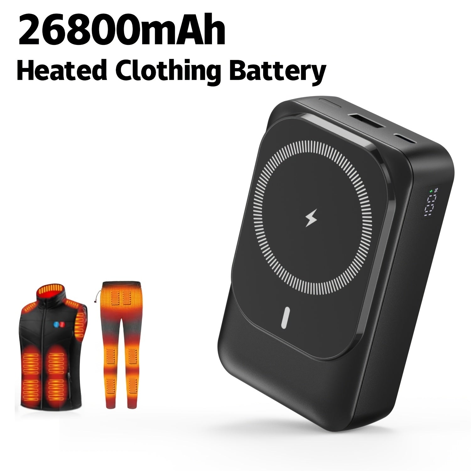 26800mAh Power Bank for Heated Jacket & Vest, 20W USB-C PD Battery Pack with Built-in Cables & LED Display, Portable Charger for Heated Clothing, Phone & Outdoor Use