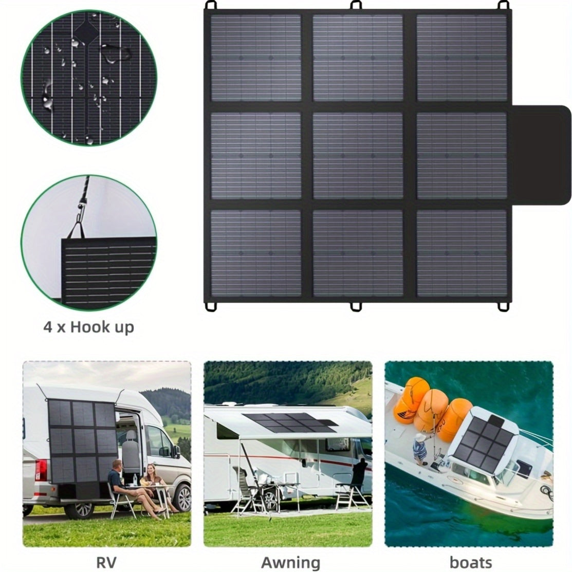 LVYUAN 可攜式太陽能板，提供 120W、200W、300W 和 400W 的選項，採用可折疊設計和高效單晶太陽能電池，效率高達 22.5%，非常適合戶外活動、船隻、露營