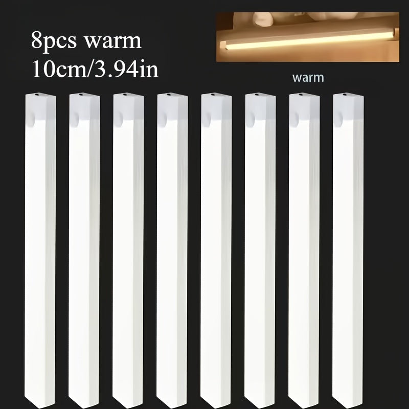 8-pack smart motion sensor LED light, household lighting tube, USB rechargeable + magnetic installation, suitable for cabinets, wardrobes, bookshelves, sinks, DIY night light. Bookshelf lighting, cabinet lighting, minimalist design