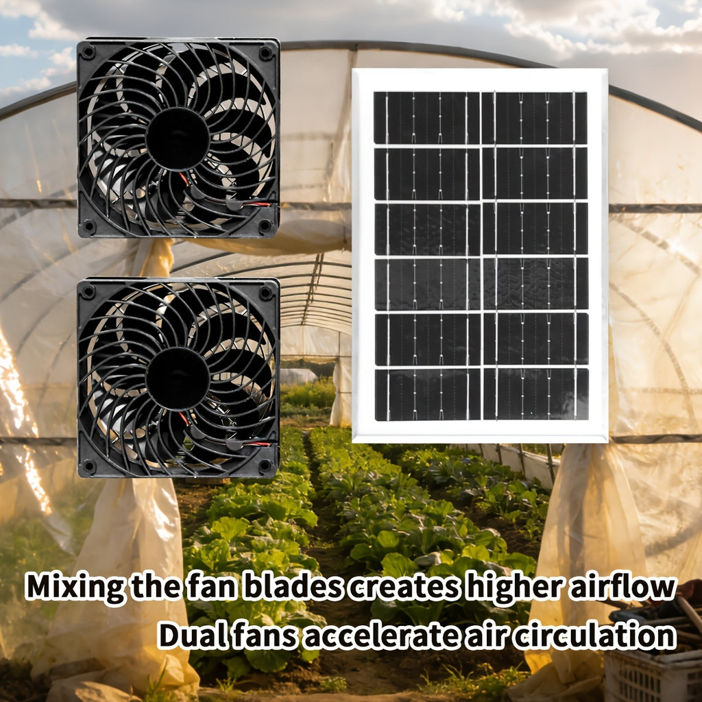 1PC Solar Panel + Dual Fan Kit, Indoor and Outdoor Air Circulation, Solar Powered, Easy to Install, Suitable for Greenhouse, Pet House, Livestock Ventilation and Outdoor Camping (Battery Not Included)