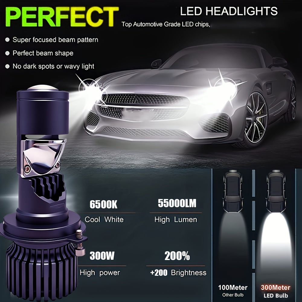 2PCS LED Car Headlights - H4/9003/HB2 - 55000LM, 300W High/Low Beam, 6500K Cool White Light, Equipped with 12000 RPM Turbo Cooling Fan and 360° Wide Beam, No Battery Needed