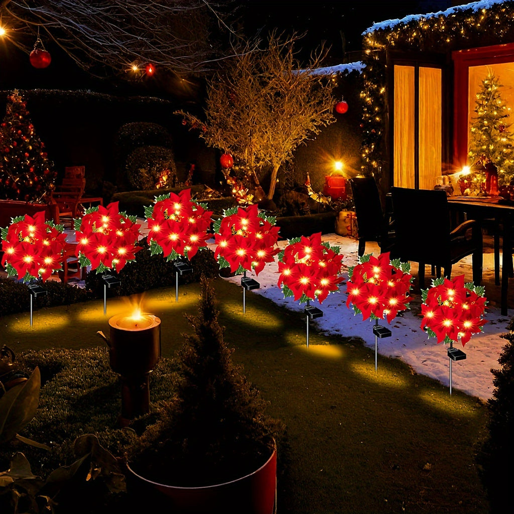 4-Piece Solar Poinsettia Christmas Garden Light - 7 LED Red Flowers and Green Leaves, Outdoor Holiday Decoration for Path, Garden, Lawn and Courtyard, Holiday Solar Charging Design, Solar Christmas Light