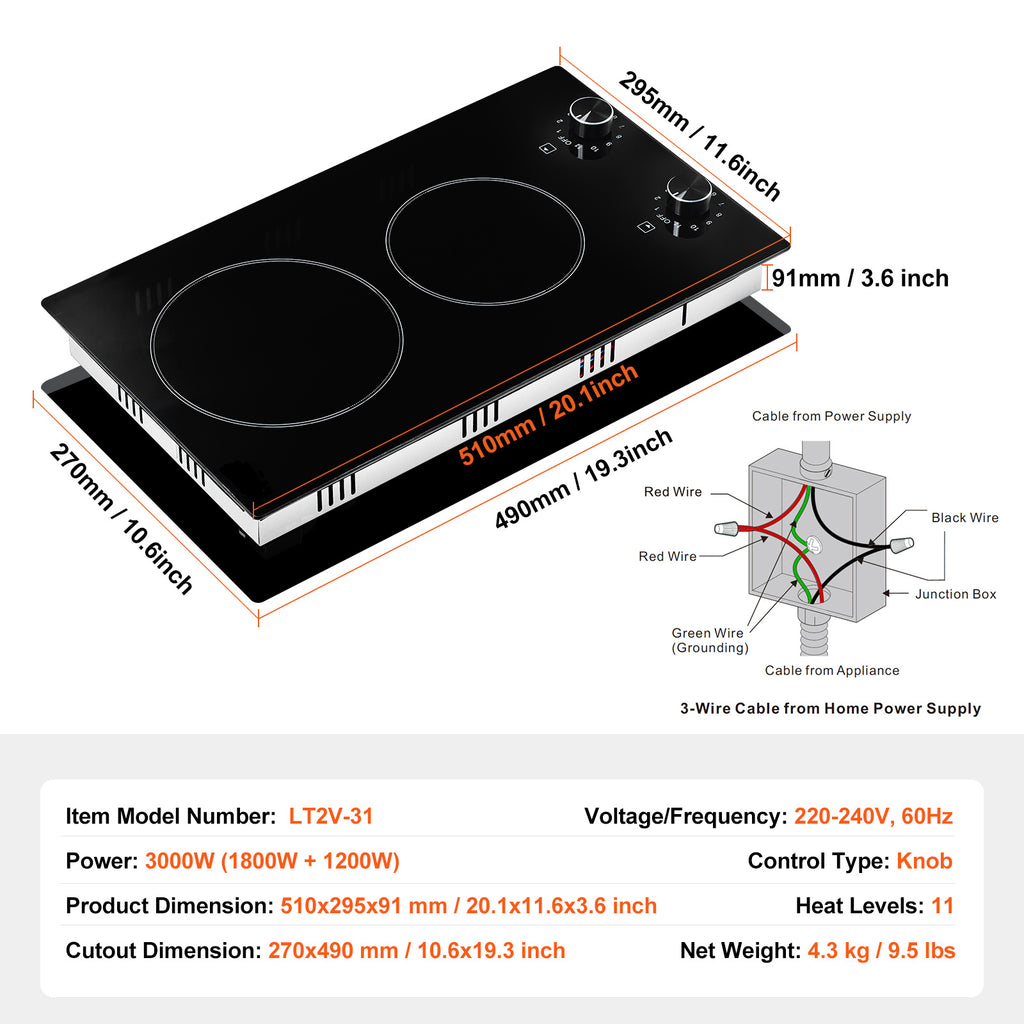 VEVOR Built-In Induction Cooktop Radiant Ceramic Stove 2 Burners 20.1 x 11.6 Inches/