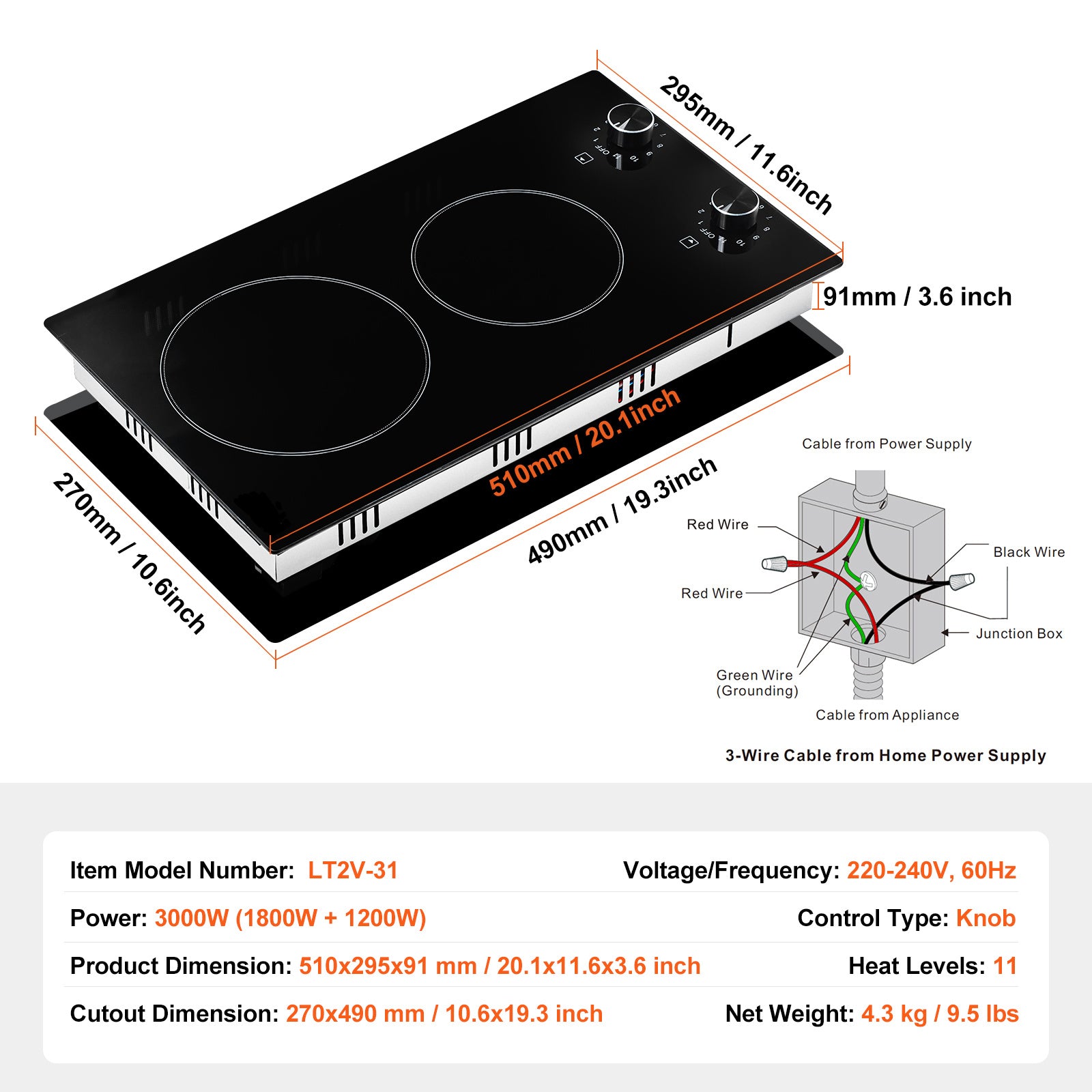 VEVOR Built-In Induction Cooktop Radiant Ceramic Stove 2 Burners 20.1 x 11.6 Inches/