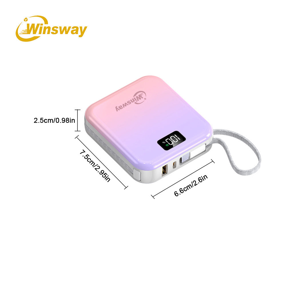 Winsway 10000mAh mini gradient color convenient mobile power bank, built-in USB-C cable, dual line 2-in-1, 22.5W fast charging portable charger, LED display screen, portable for boarding, outdoor travel, preferred gift giving