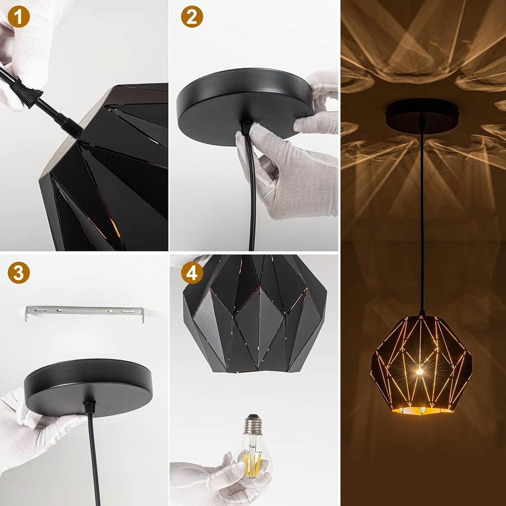 Vintage industrial black metal pendant light - height adjustable, geometric farmhouse ceiling light for kitchen island - bulb not included