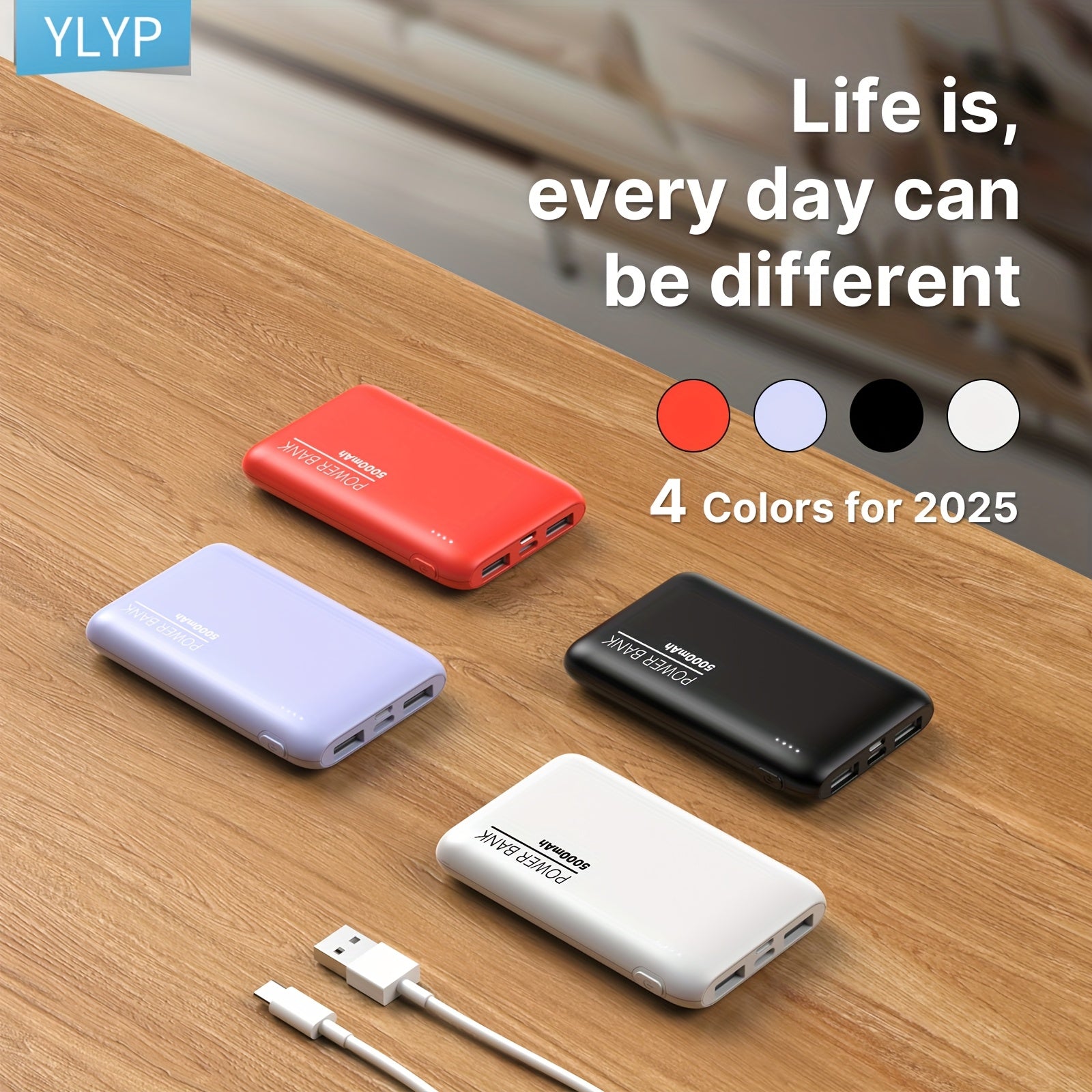 YLYP 1pc Ultra Slim 5000Mah Mini Pocket Portable Power Bank, with LED Light Display, Outdoor Emergency Backup Battery Pack, Dual Usb/Type-C/Micro Interface, Suitable for Iphone/Android Mobile Phone Digital Electronic Equipment, Holiday Gifts