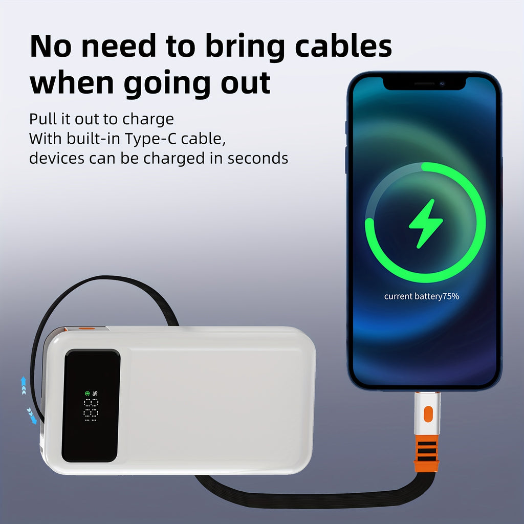 Portable Charger with 10000Mah Capacity, Features a Built-In 2.3-Foot Retractable Cable, Essential for Travel, Fast Charging Power Bank, USB C Battery Pack with LED Display.