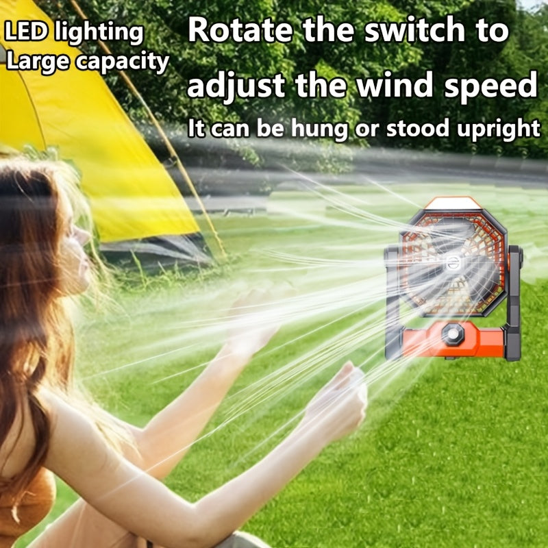 USB Rechargeable Outdoor Camping Fan, Large Capacity Battery, 5-25 Hours Ultra Long Endurance, Stepless Speed Regulation, 3 Levels LED Lighting, 270° Adjustable Angle, Desktop & Tent Hanging Dual Use, Portable High Power Charging Fan Ideal for Summer