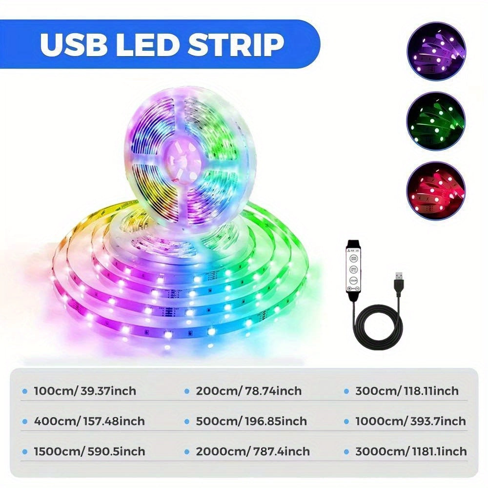 RGB LED灯带，USB 5V供电，3键控制器，可变色可调光，适用于派对氛围、电视背光、卧室、客厅、家居装饰、环境照明、DIY小夜灯、USB小工具、仙女灯、情绪灯、游戏桌搭配灯