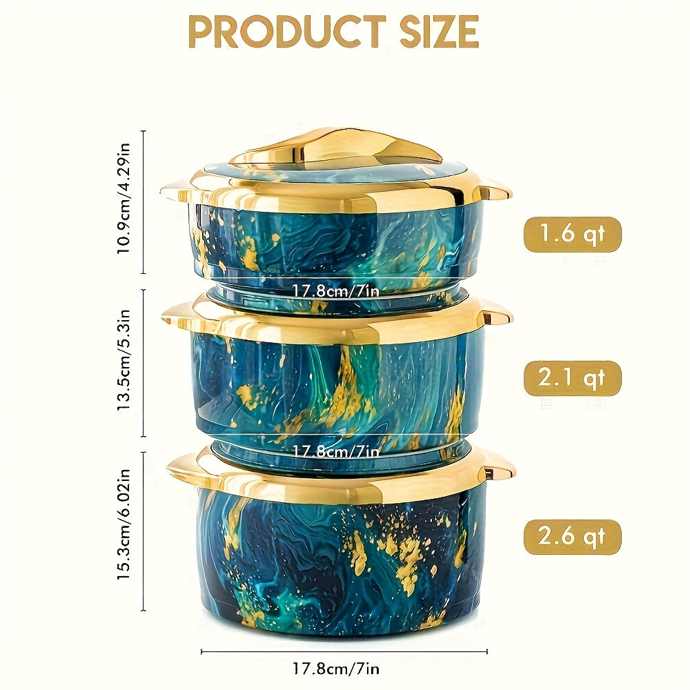 3-Piece Gold Touch Insulated Dinnerware Set – Stainless Steel Hot & Cold Food Bowl with Lids, Portable Thermos (Home Use), Office Lunch Container, Hot Pot Tableware