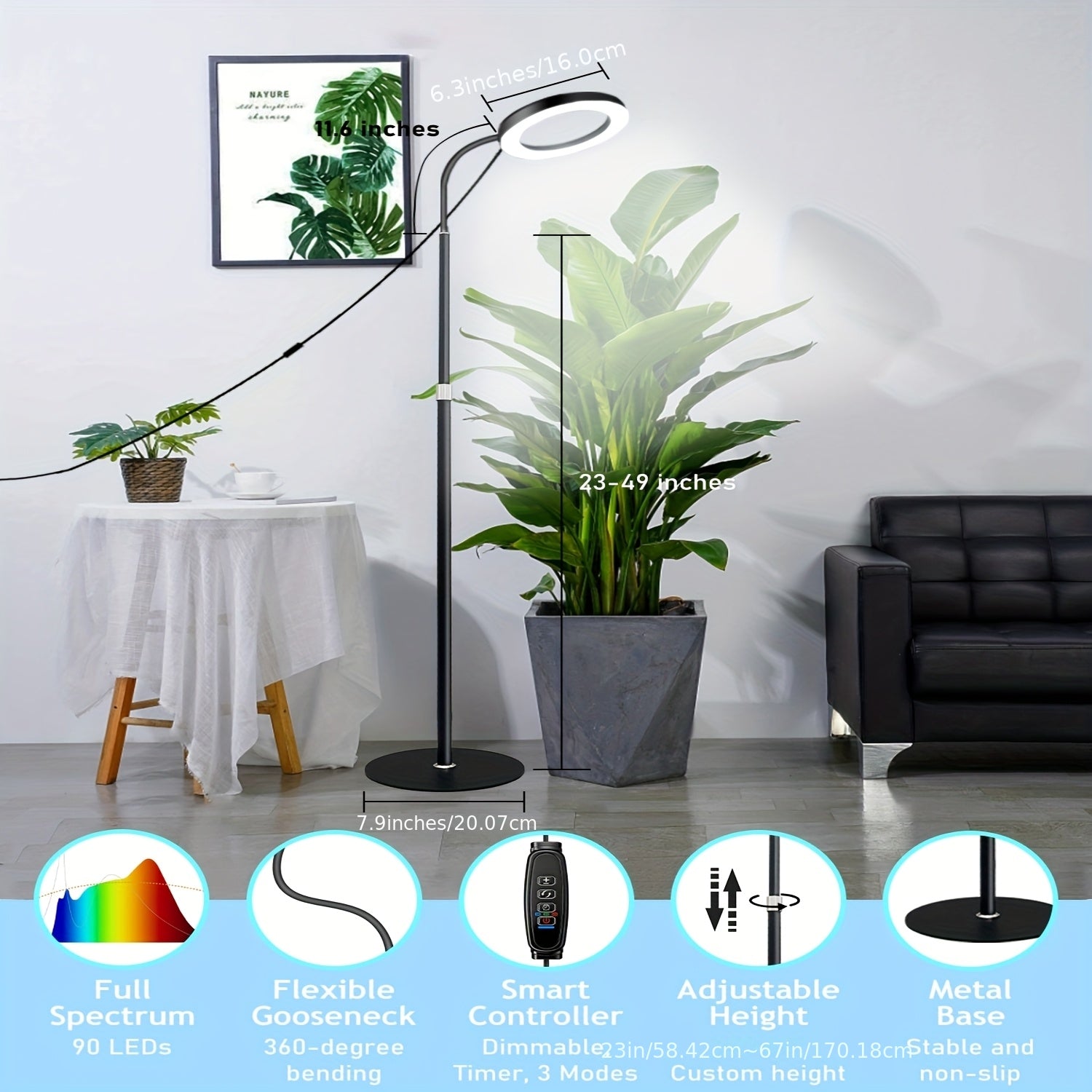 4-Color Circular Floor Plant Lamp, USB Powered, Freely Extendable, Indoor Flower Plant Grow Light, 3/9/12H Timer, Dimmable Plant Lighting