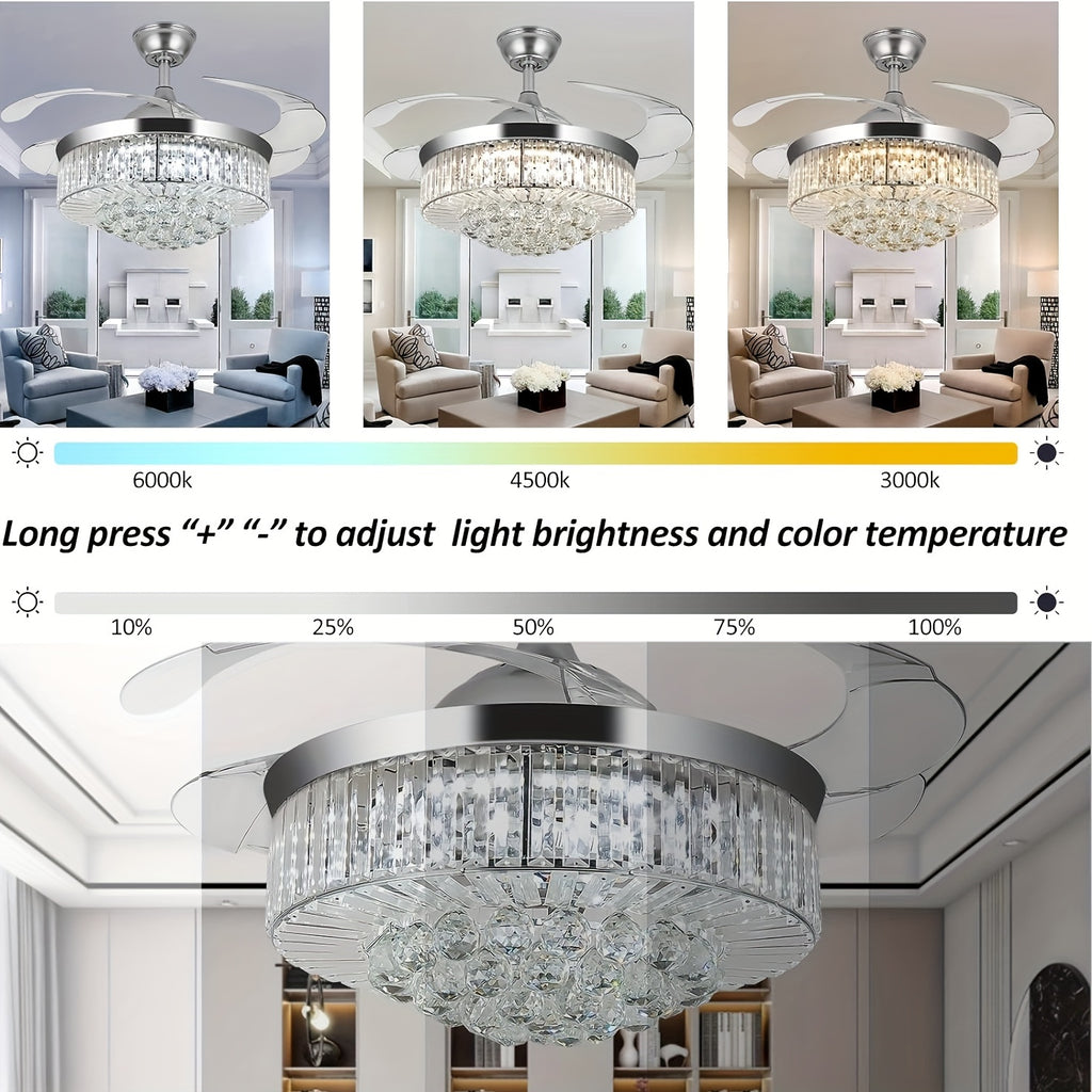 42 Inch Flush Mount Ceiling Fan with Light, Reversible Chandelier Design, for Bedroom and Living Room, 3 Color Options, 6 Speed Settings, Built-in Timer and Chandelier Function